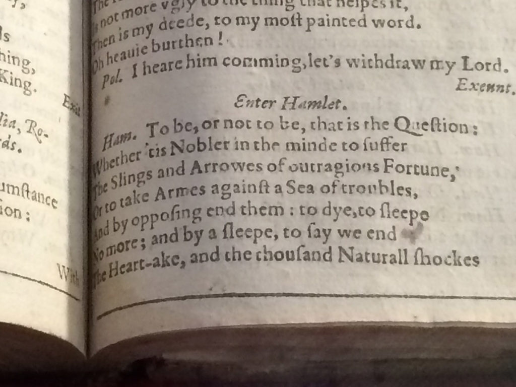 William Shakespeare, Histories, Comedies and Tragedies, Londres, 1623, detail du texte d’Hamlet