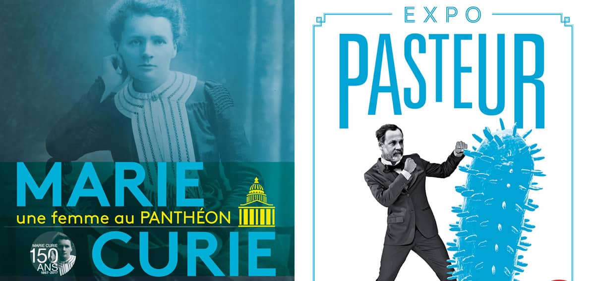 Affiche des expositions Marie Curie au Panthéon et Pasteur au Palais de la Découverte