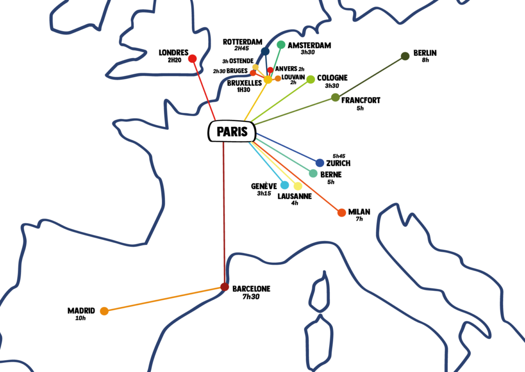 La carte des destinations accessibles en train depuis Paris