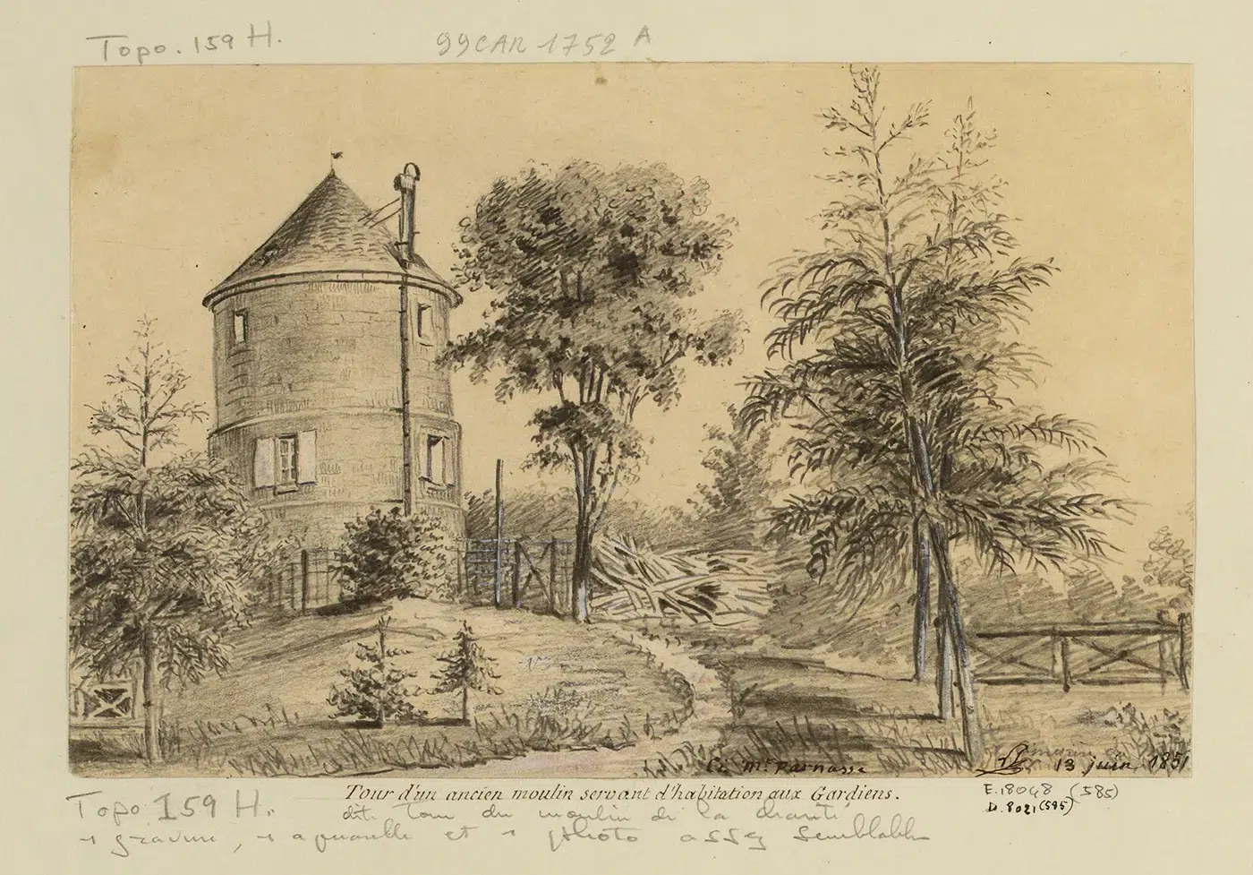 Le dernier moulin de Paris est caché dans un cimetière 2 Dessin de Léon Leymonnerye, 1851, représentant le Moulin de la Charité
