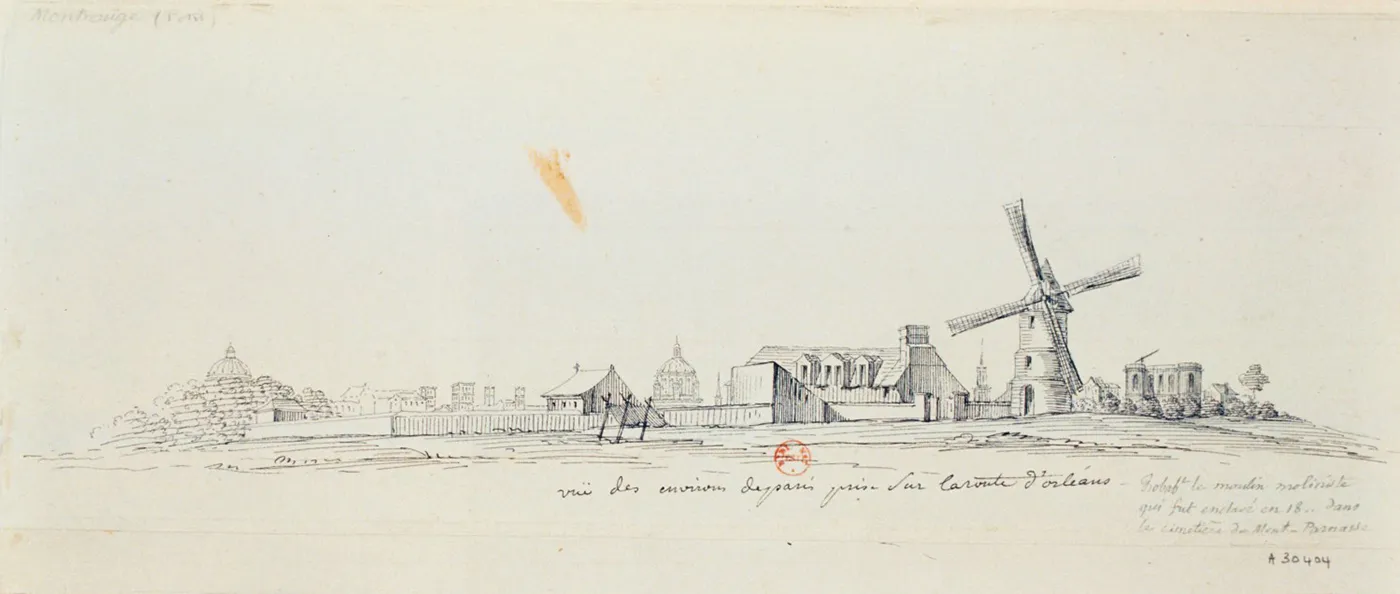 Le dernier moulin de Paris est caché dans un cimetière 1 Vee des environs de paris prise sur la route d'Orléans (Moulin à tour dit de la Charité) - Bibliothèque nationale de France